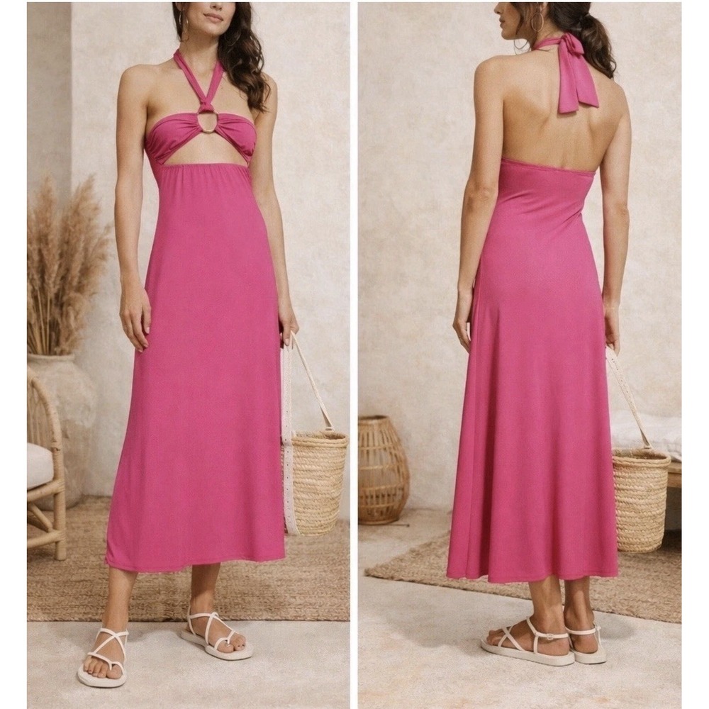 NWT Womens Size Medium Solid & Striped Tati Front Ring Cut Out Halter Midi Dress